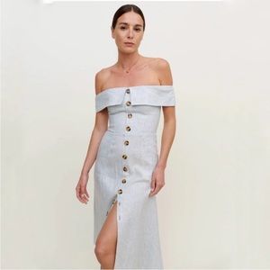 Reformation Adriel Linen Dress size 2 Stripe off the shoulder summer midi dress